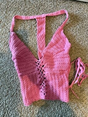 The Summer I Turned Pretty American Eagle Pink Crochet Lace-Up Halter Top